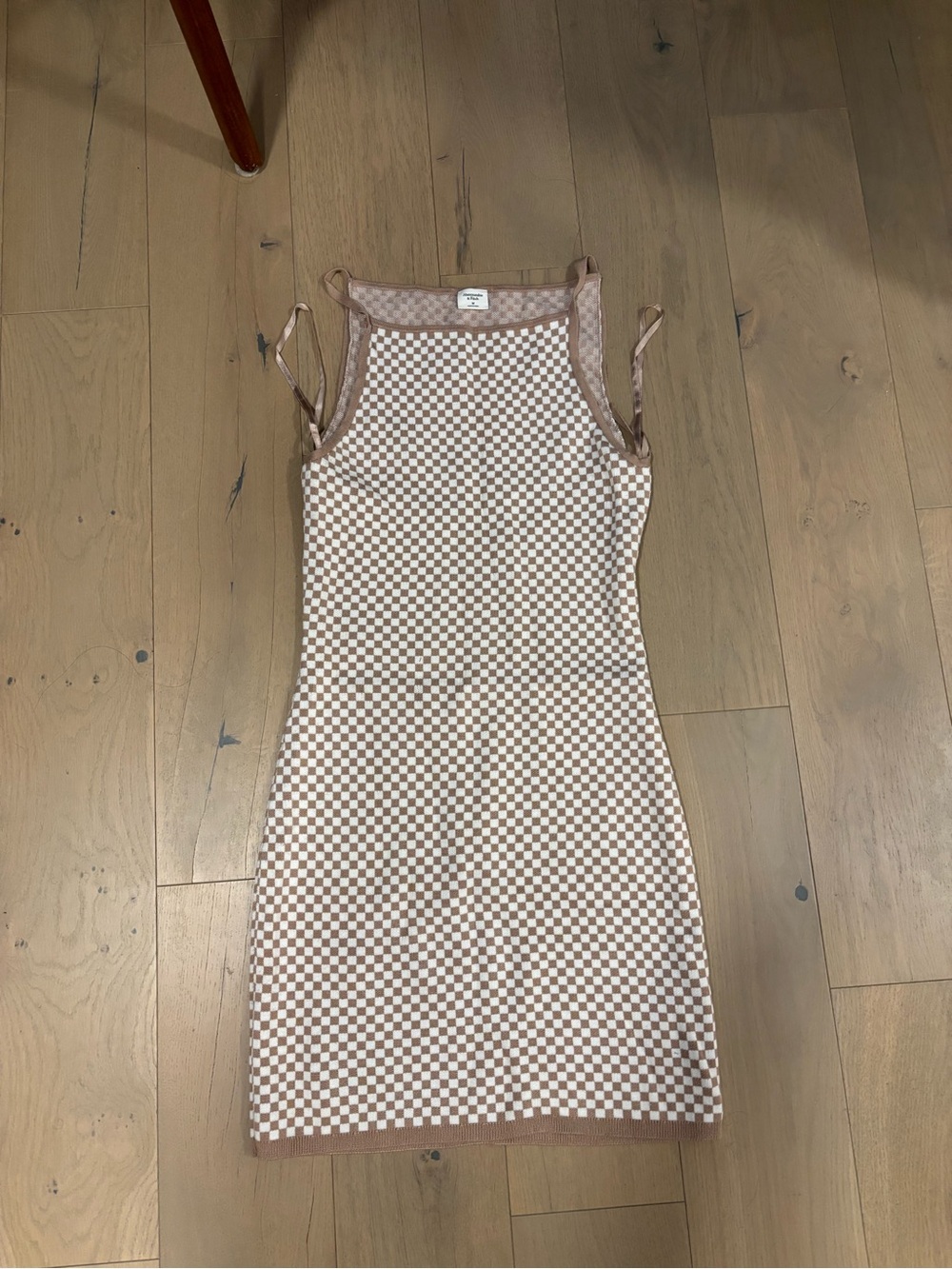 Checkerboard Knit Tank Dress in Beige and White
